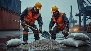 le havre : 64 kilos de cocaïne dissimulés dans des sacs de gravier découverts lors d'une opération douanière. deux dockers ont été interpellés dans cette affaire de trafic de stupéfiants.