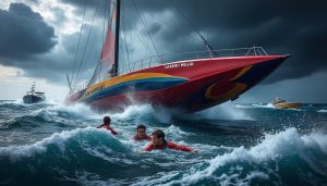 le trimaran lazare x hellio s'est retourné au large de la hague pendant la transat café l’or. heureusement, les skippers ont été secourus et sont tous deux sains et saufs.