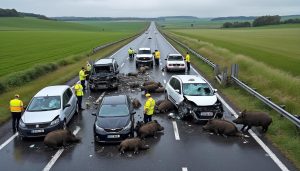 en normandie, cinq collisions entre voitures et sangliers se sont produites en quelques minutes sur une voie rapide, causant perturbations et risques pour la sécurité routière.