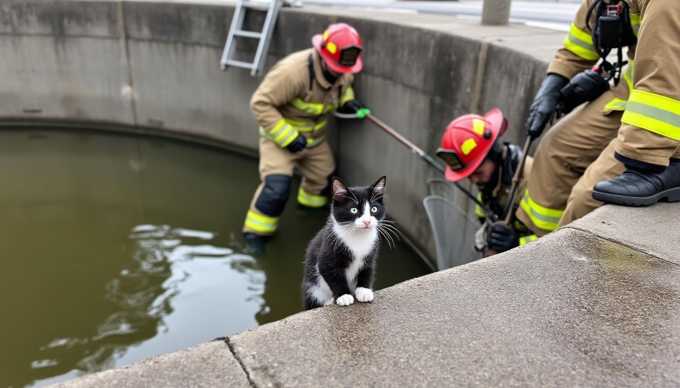 à quelques pas d'yvetot, les pompiers interviennent courageusement pour sauver un chat coincé dans un bassin de rétention, affrontant les eaux pour venir à son secours.