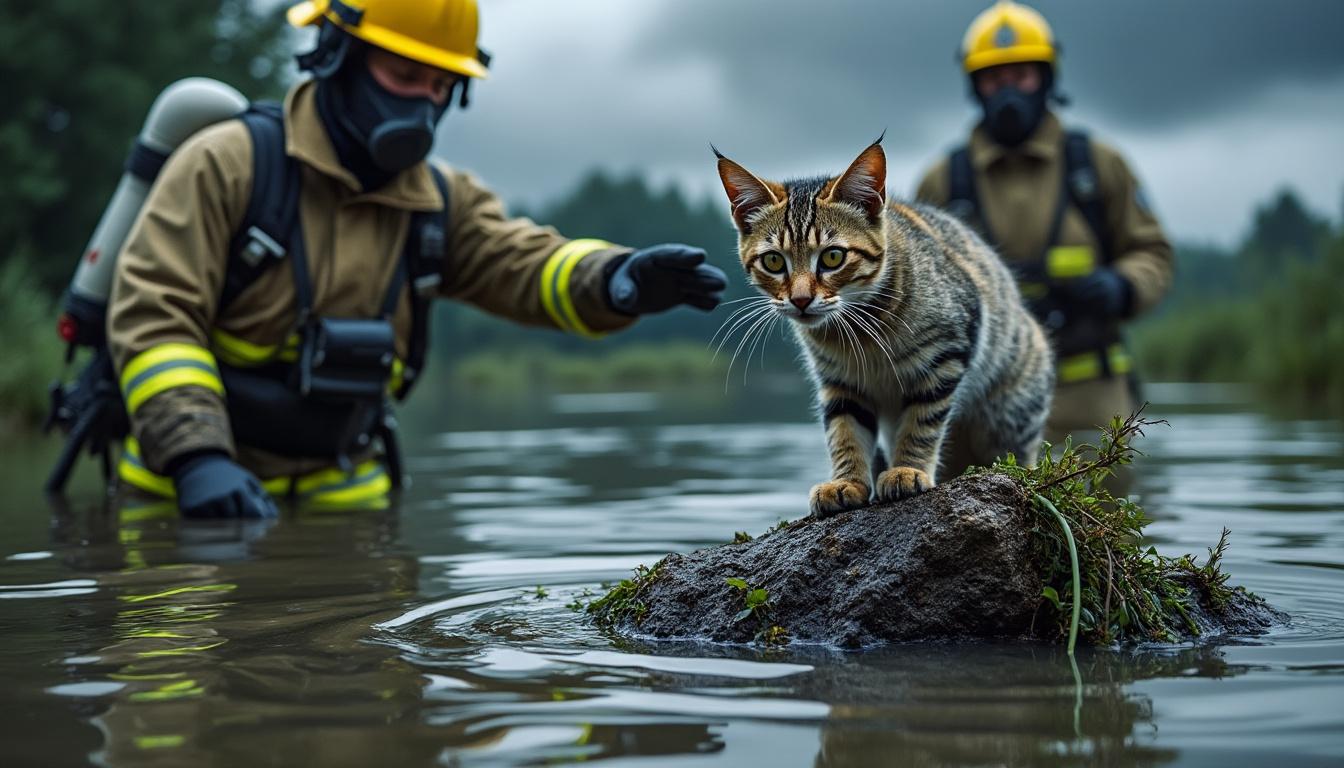 découvrez comment les pompiers d'yvetot ont courageusement secouru un chat coincé dans un bassin de rétention, affrontant des eaux périlleuses pour lui venir en aide.