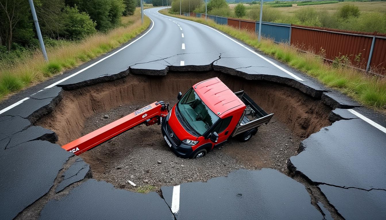 un véhicule à nacelle a été englouti par la chaussée lors d'un incident survenu à douvres-la-délivrande, près de caen. découvrez les détails de cet événement et les mesures prises.