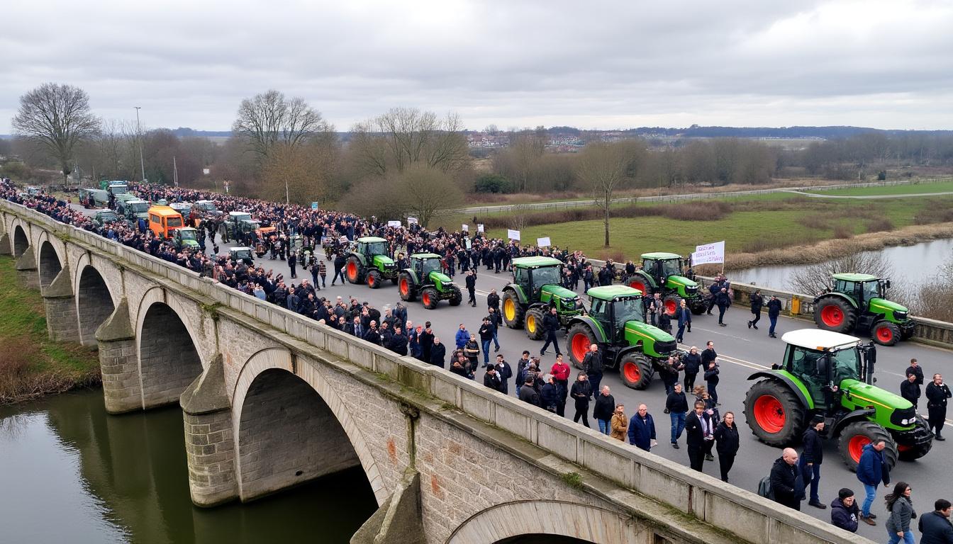 en seine-maritime, les agriculteurs manifestent sur le pont de normandie en installant un barrage filtrant pour faire entendre leurs revendications et sensibiliser le public.