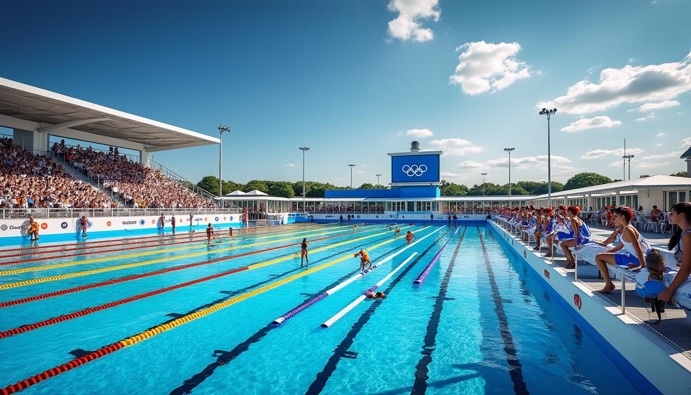 une quarantaine de plongeurs prêts à relever un défi spectaculaire dans la piscine olympique de deauville, offrant un spectacle aquatique exceptionnel.