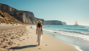 découvrez giulia sarkozy en pleine immersion sur les 2 kilomètres de plage emblématique en normandie, un littoral incontournable à explorer pour des moments inoubliables.