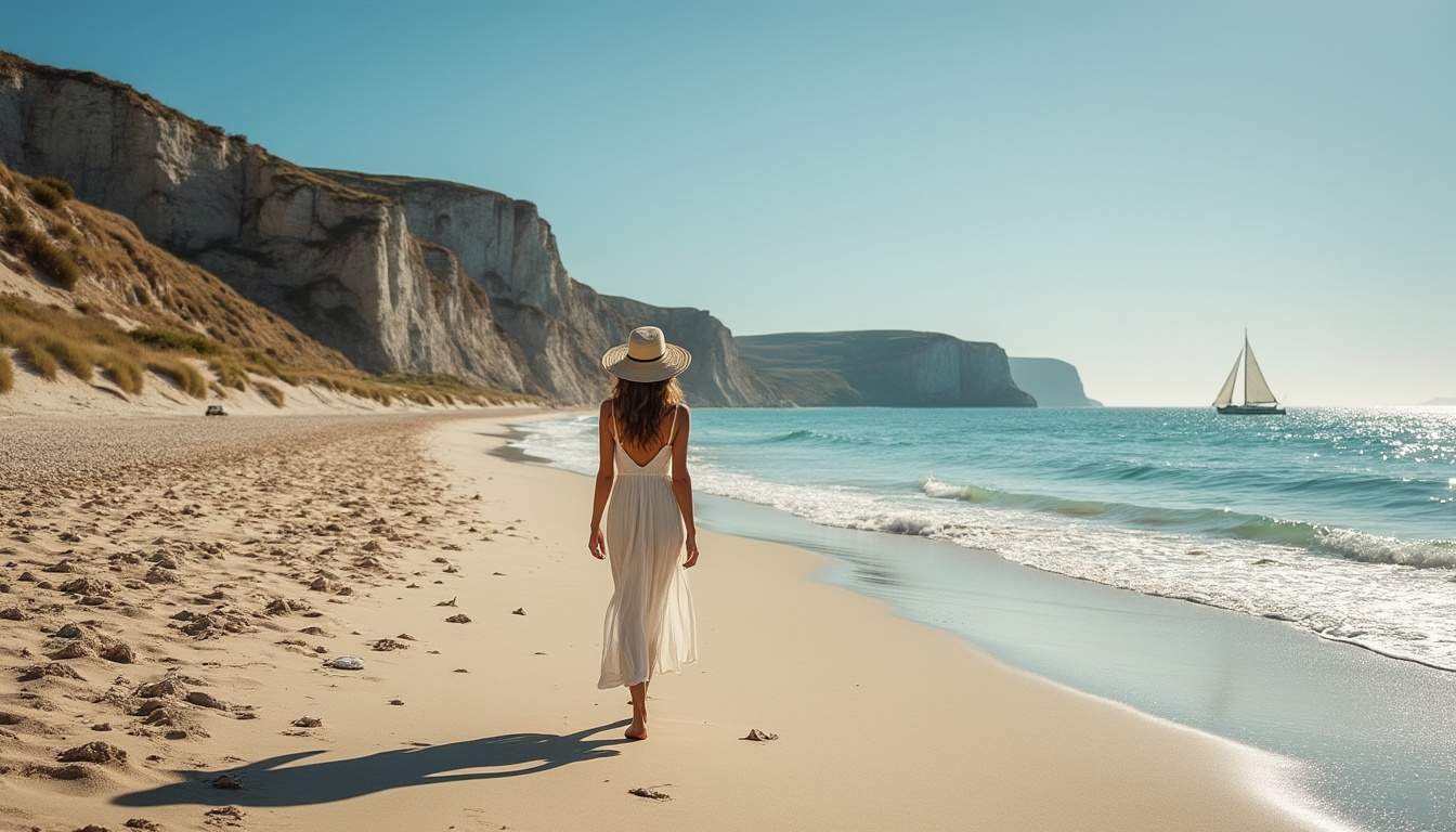 découvrez giulia sarkozy en pleine immersion sur les 2 kilomètres de plage emblématique en normandie, un littoral incontournable à explorer pour des moments inoubliables.