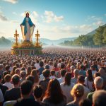 découvrez en images une mer de pèlerins unis par leurs chants et prières lors de la procession émouvante de la vierge, un moment de foi et de partage.