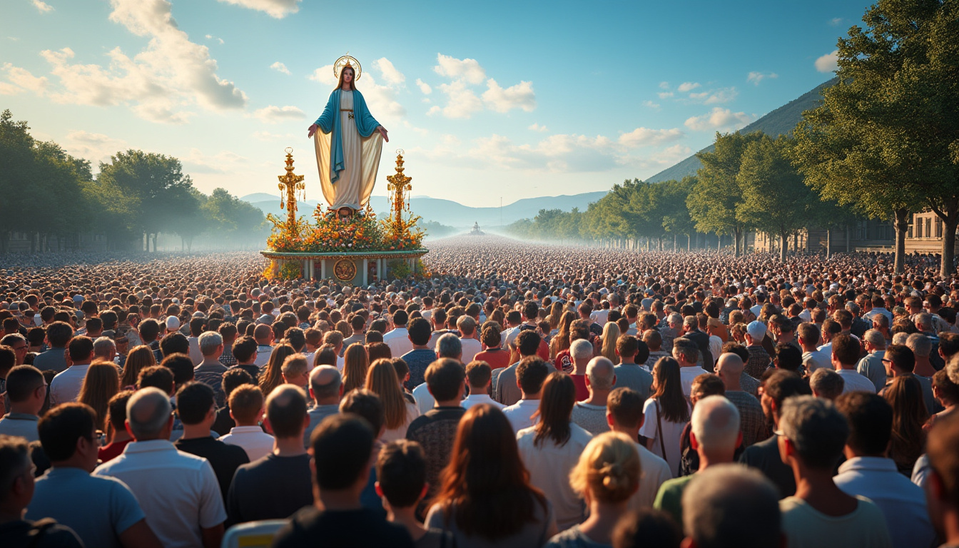 découvrez en images une mer de pèlerins unis par leurs chants et prières lors de la procession émouvante de la vierge, un moment de foi et de partage.